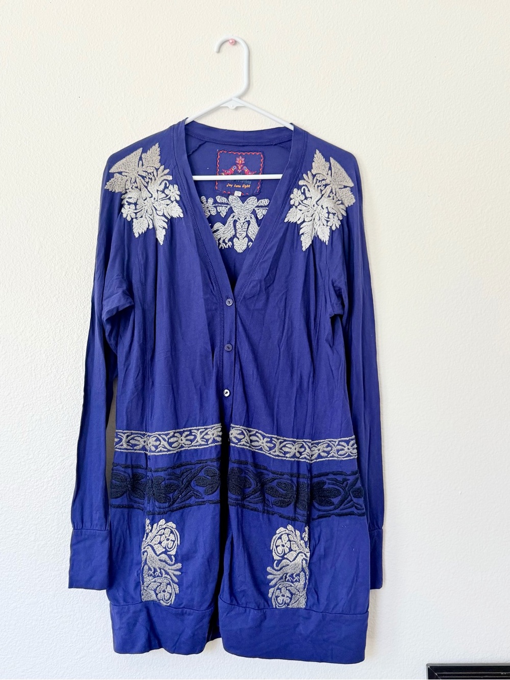 Johnny Was Embroidered Long Sleeve cardigan Top in Deep Blue